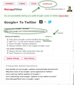 Bild von den Google+ Optionen in Manageflitter